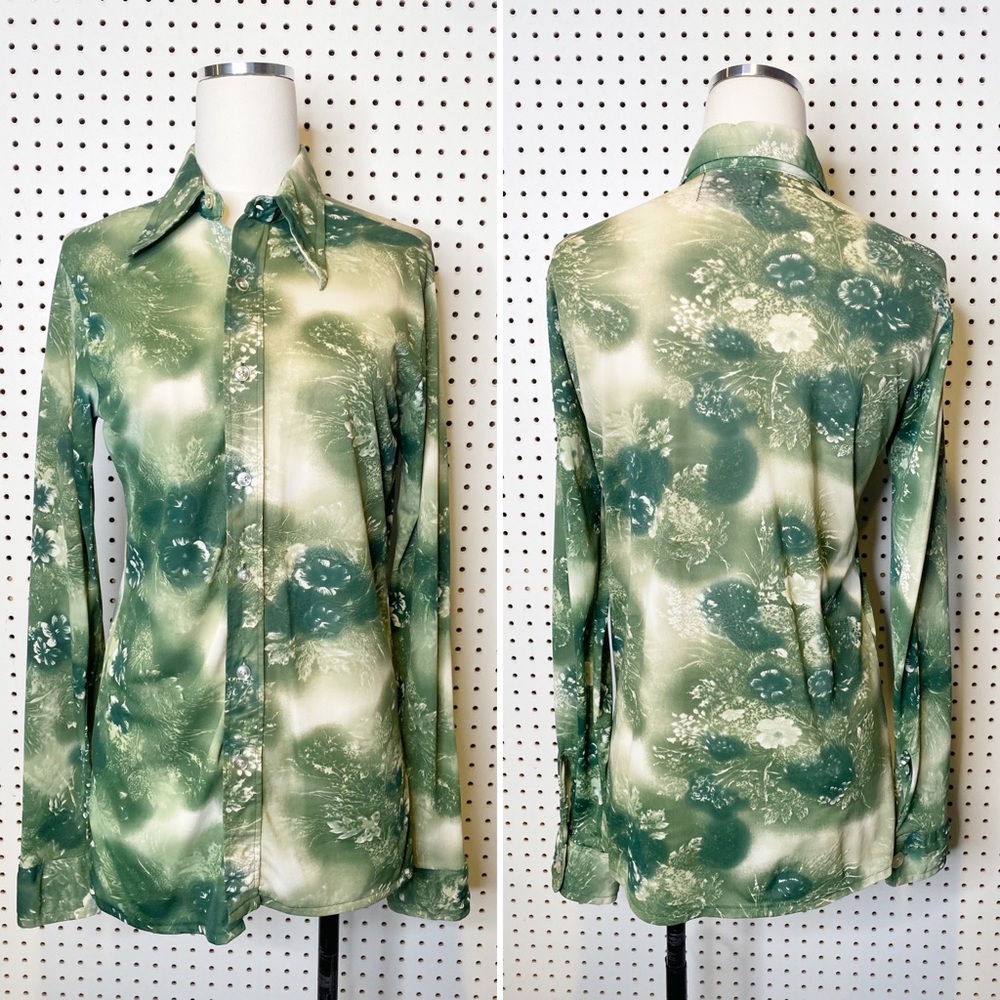 Vintage | Haband‎ Paterson 1970's Green Floral Collared Button-Down Shirt Sz. M
